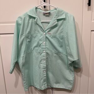 Vintage Cabrais Green White Striped Button-Up Shirt 3/4 sleeve, lightweight